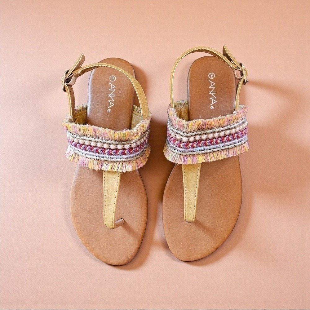 ANNA Womens Boho Beaded Fringe Thong Sandals Tan Multi Color Flat Slingback 6